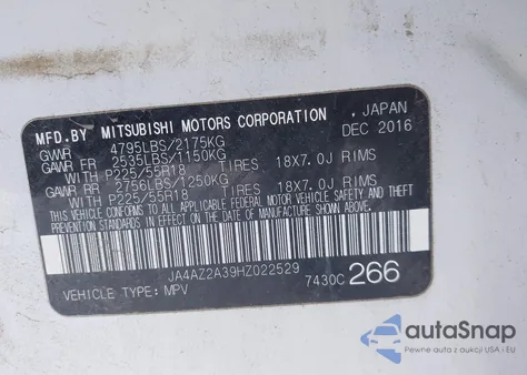 2017 Mitsubishi Outlander Es z USA, uszkodzony, nr VIN JA4AZ2A39HZ022529